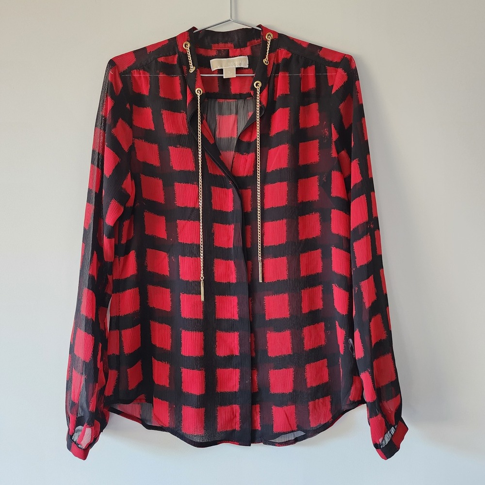 Michael Kors Blouse Womens Small Red Plaid Chain Sheer Chiffon Top Designer